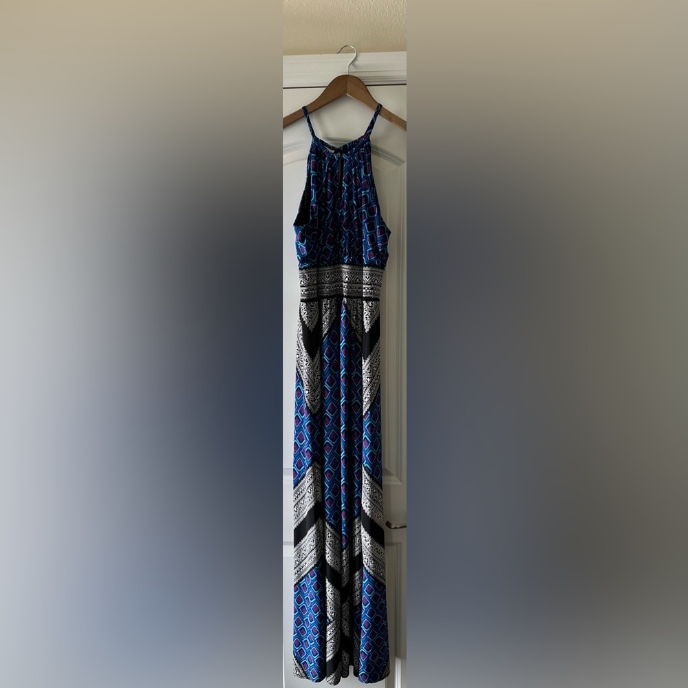 London Times Blue Geometric Halter Maxi Dress Size 4 Boho Resort Vacation Style - Picture 7 of 7